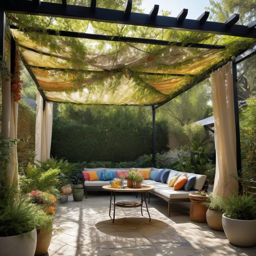 A beautifully landscaped outdoor space featuring various canopy supplies and shade structures, including a large, elegant pergola draped in sheer fabric, colorful outdoor cushions, and potted plants. Sunlight filters through the leaves, creating dappled shadows on the ground, inviting relaxation. A small table with refreshments is nestled beneath the canopy, evoking a sense of comfort and tranquility. super-realistic. vibrant colors. natural setting.