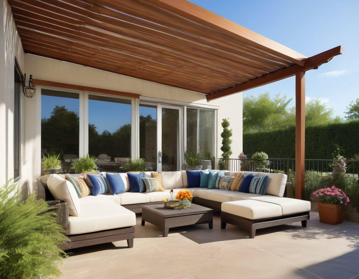 A sunny outdoor patio scene featuring a beautifully designed deck with elegant awnings providing shade. Show comfortable lounge furniture and greenery surrounding the area, creating a relaxing atmosphere. Highlight different types of awnings and shade structures like pergolas and retractable canopies. Include a clear blue sky and vibrant flowers to add life to the setting. super-realistic. vibrant colors. natural lighting.